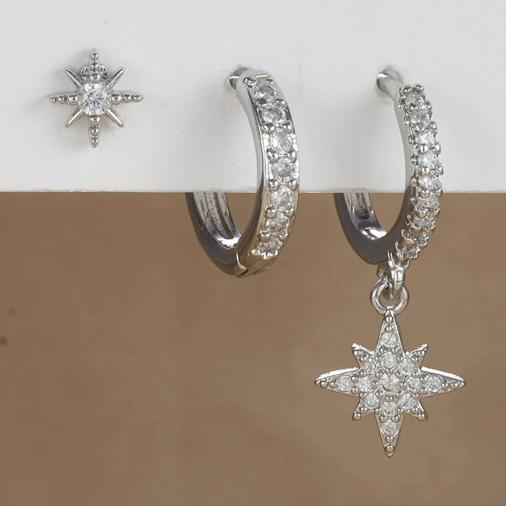 3 Piece Fashion Stainless Steel Round Star Drop Earrings Set for Women 18K Gold Plated Dangle Earring Punk Unisex Rock Jewelry Econic Blanks